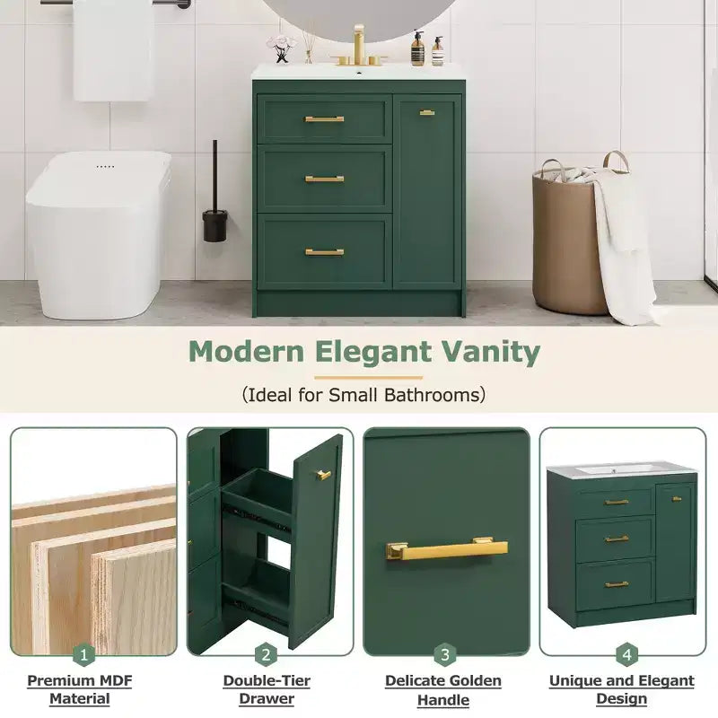 Meuble-lavabo autoportant vert avec lavabo simple et 3 tiroirs