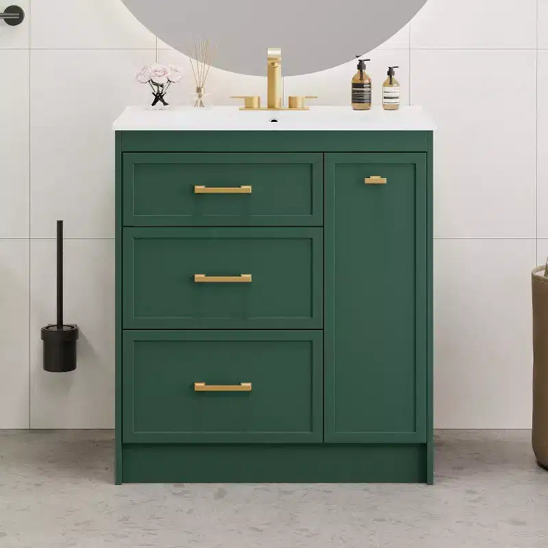 Meuble-lavabo autoportant vert avec lavabo simple et 3 tiroirs