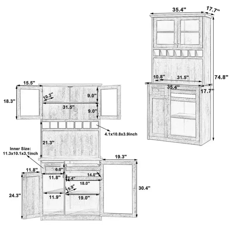 Armoire de garde-manger de cuisine de 75 po de hauteur avec portes vitrées