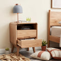 Modern Solid Oak Nightstand with 2 Drawers, Mid-Century Bedside Cabinet with Storage, Compact Wooden Nightstand for Bedroom-Panipeachy