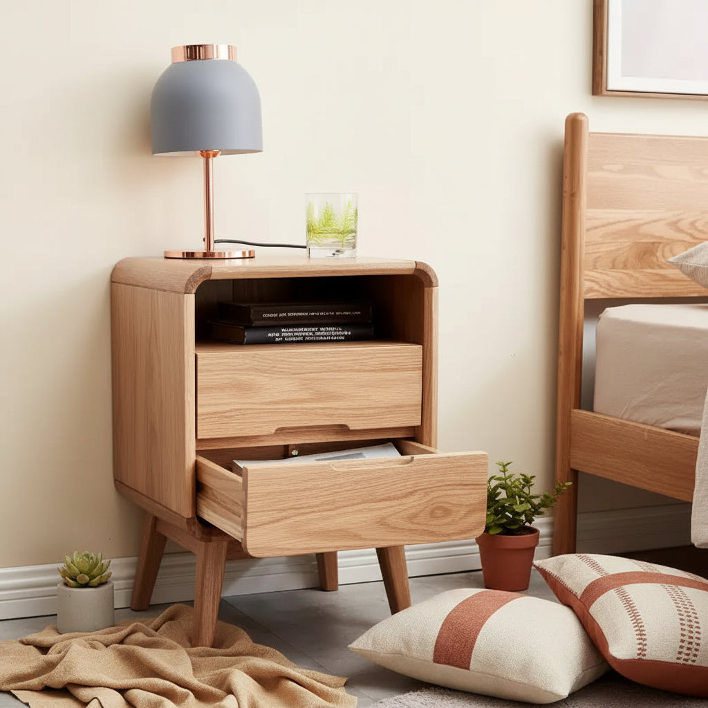Modern Solid Oak Nightstand with 2 Drawers, Mid-Century Bedside Cabinet with Storage, Compact Wooden Nightstand for Bedroom-Panipeachy