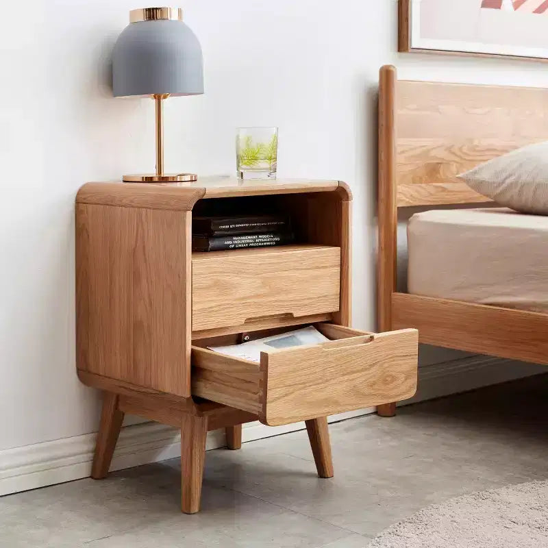 Table de chevet moderne en chêne massif à 2 tiroirs, Cabinet de chevet de style Mid-Century avec rangement