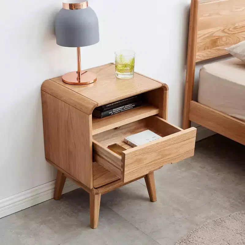 Table de chevet moderne en chêne massif à 2 tiroirs, Cabinet de chevet de style Mid-Century avec rangement