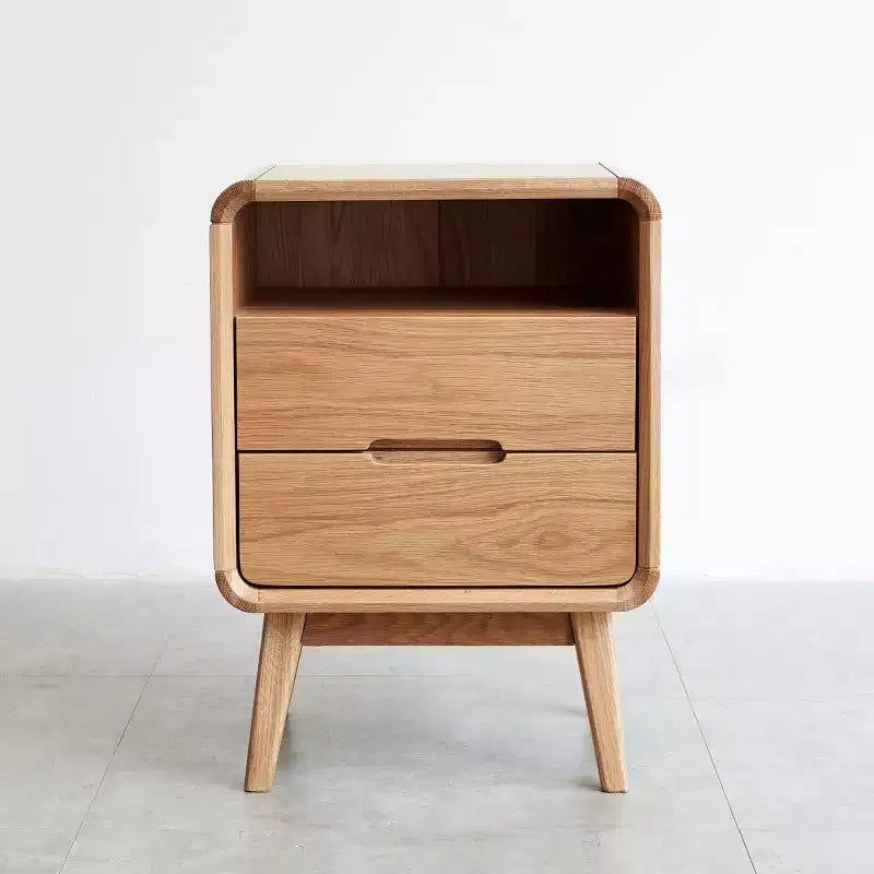 Table de chevet moderne en chêne massif à 2 tiroirs, Cabinet de chevet de style Mid-Century avec rangement
