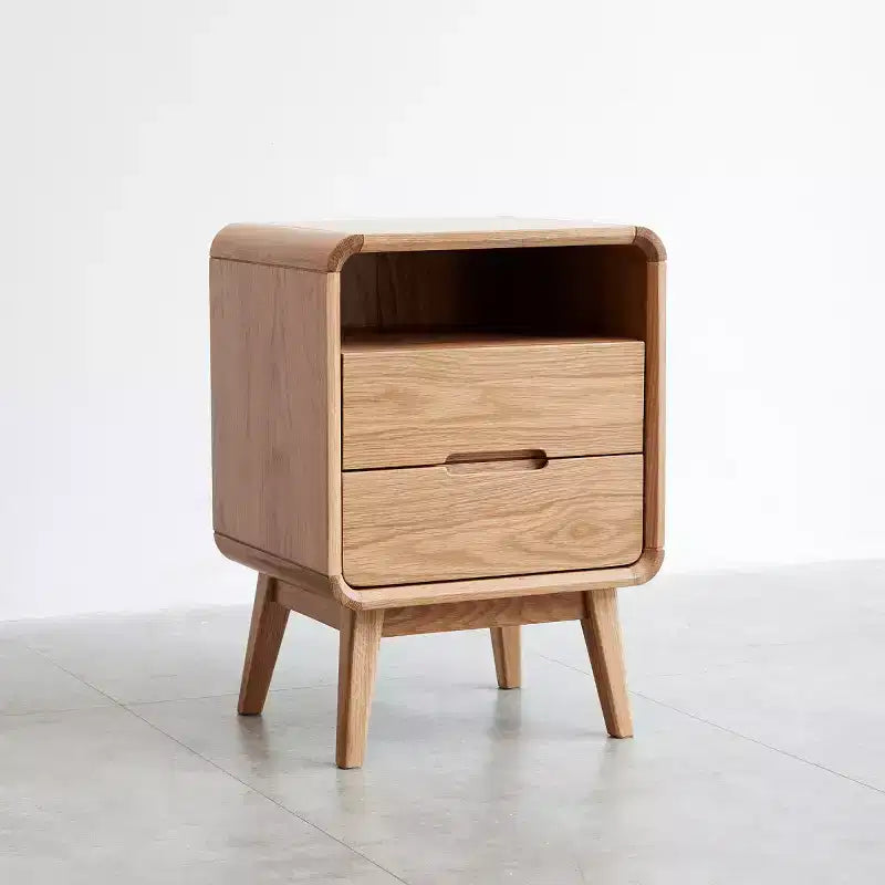 Table de chevet moderne en chêne massif à 2 tiroirs, Cabinet de chevet de style Mid-Century avec rangement