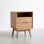 Table de chevet moderne en chêne massif à 2 tiroirs, Cabinet de chevet de style Mid-Century avec rangement
