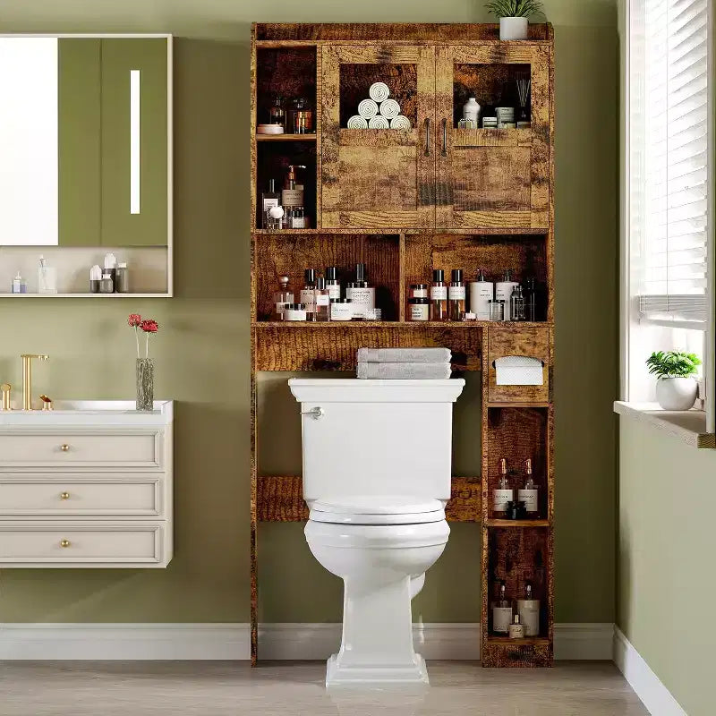 Meuble de rangement WC avec étagères réglables et portes vitrées