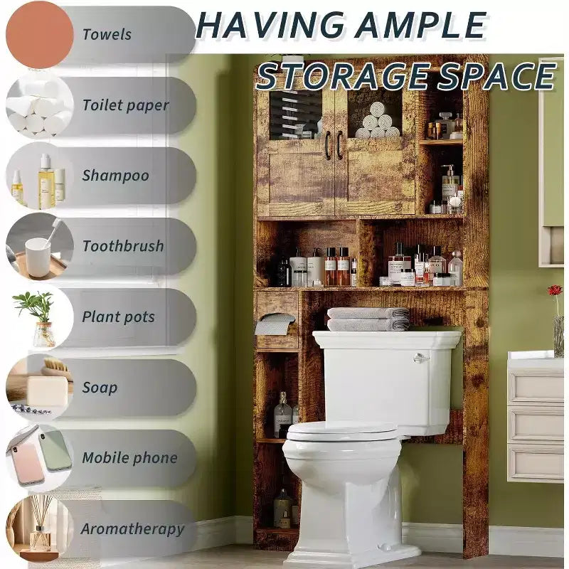 Meuble de rangement WC avec étagères réglables et portes vitrées