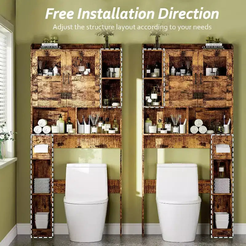 Meuble de rangement WC avec étagères réglables et portes vitrées