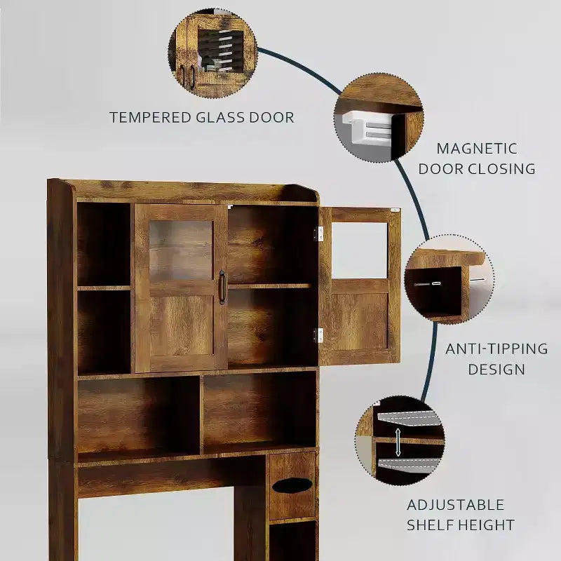 Meuble de rangement WC avec étagères réglables et portes vitrées