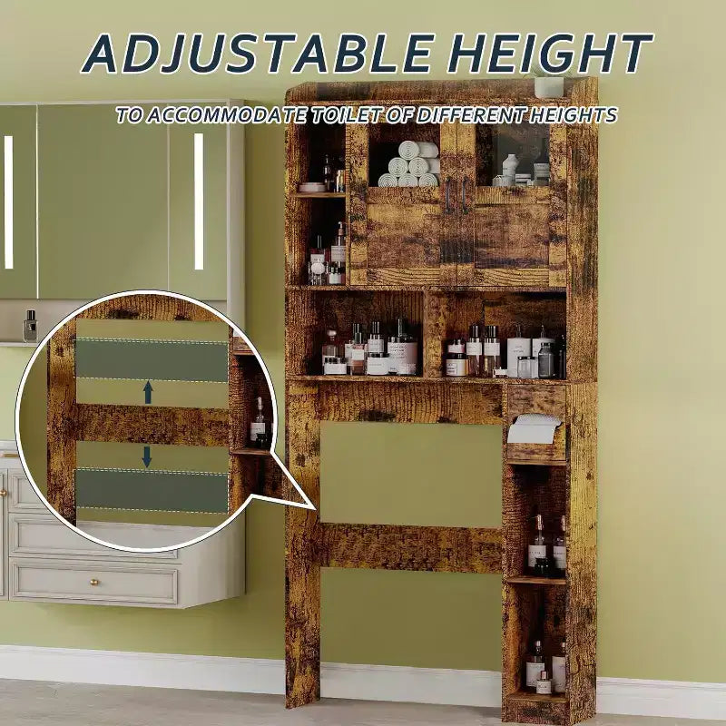 Meuble de rangement WC avec étagères réglables et portes vitrées