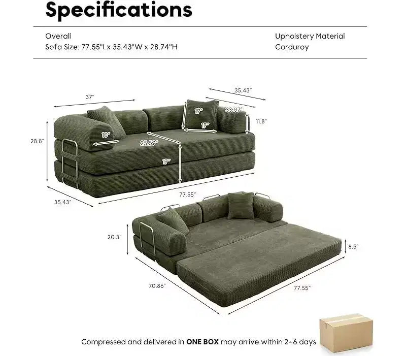 Canapé-lit convertible avec oreiller cylindrique et matelas pliable en velours côtelé