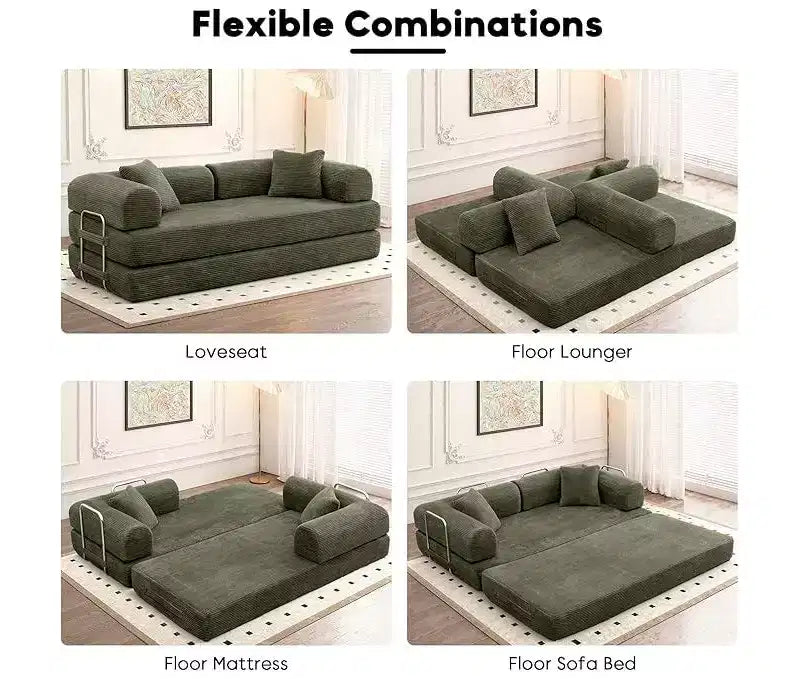 Canapé-lit convertible avec oreiller cylindrique et matelas pliable en velours côtelé