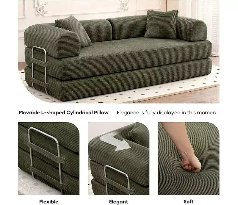 Canapé-lit convertible avec oreiller cylindrique et matelas pliable en velours côtelé
