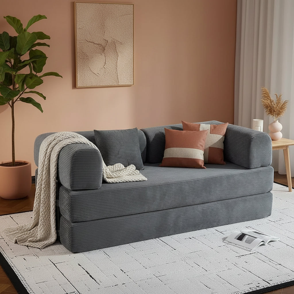Canapé-lit convertible avec oreiller cylindrique et matelas pliable en velours côtelé