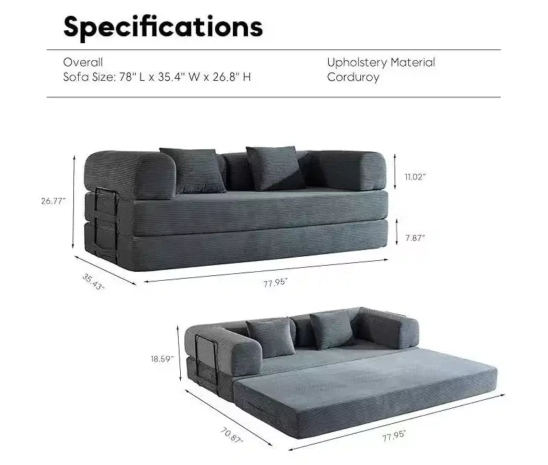 Canapé-lit convertible avec oreiller cylindrique et matelas pliable en velours côtelé