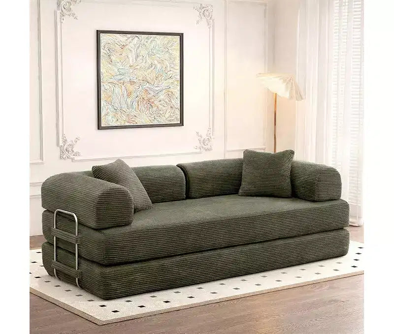 Canapé-lit convertible avec oreiller cylindrique et matelas pliable en velours côtelé