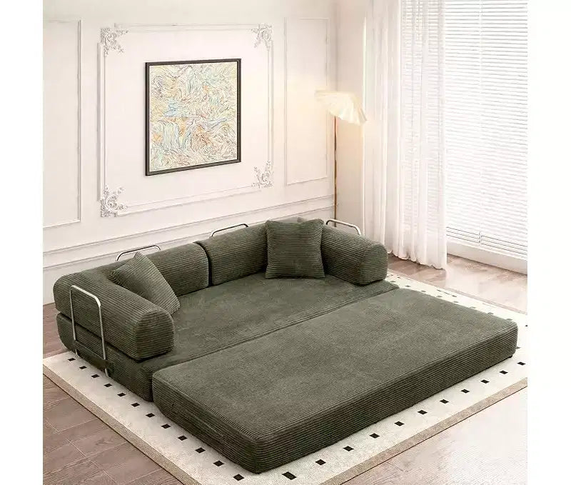 Canapé-lit convertible avec oreiller cylindrique et matelas pliable en velours côtelé
