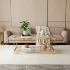 MAYEERTY Modern Acrylic Legs Coffee Table, Double Layer Tempered Glass Top with Golden Metal Frame for Living Room Office
