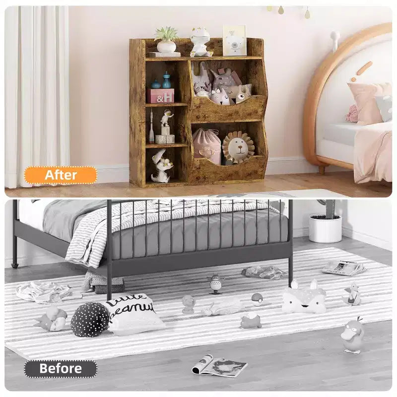 Étagère à Livres et Organisateur de Rangement pour Jouets 2 Niveaux pour Enfants – 5 Compartiments pour Chambre à Coucher, Salle de Jeux et Maternelle