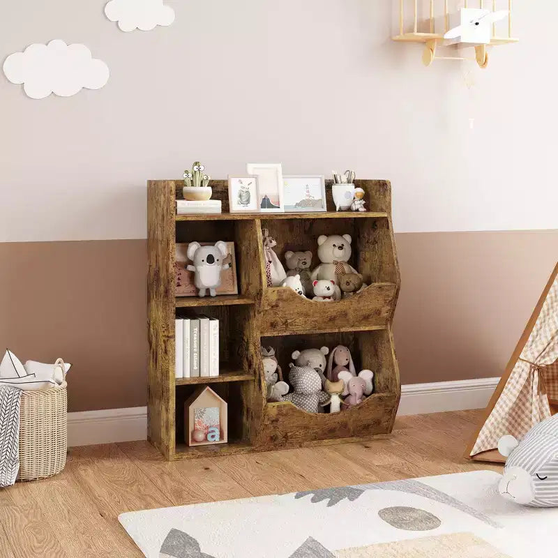 Étagère à Livres et Organisateur de Rangement pour Jouets 2 Niveaux pour Enfants – 5 Compartiments pour Chambre à Coucher, Salle de Jeux et Maternelle