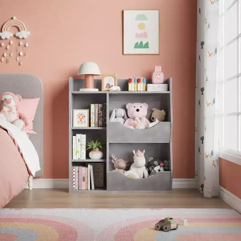 Étagère à Livres et Organisateur de Rangement pour Jouets 2 Niveaux pour Enfants – 5 Compartiments pour Chambre à Coucher, Salle de Jeux et Maternelle