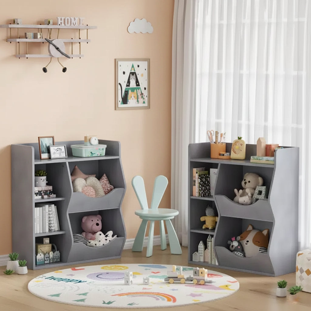Étagère à Livres et Organisateur de Rangement pour Jouets 2 Niveaux pour Enfants – 5 Compartiments pour Chambre à Coucher, Salle de Jeux et Maternelle