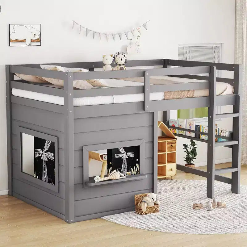 Lit cabane surélevé pour enfants avec tableau noir | Cadre de lit en bois double/complet avec espace de jeu et étagère intégrée | Lit superposé de style cabine pour garçons et filles