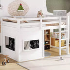 Lit cabane surélevé pour enfants avec tableau noir | Cadre de lit en bois double/complet avec espace de jeu et étagère intégrée | Lit superposé de style cabine pour garçons et filles
