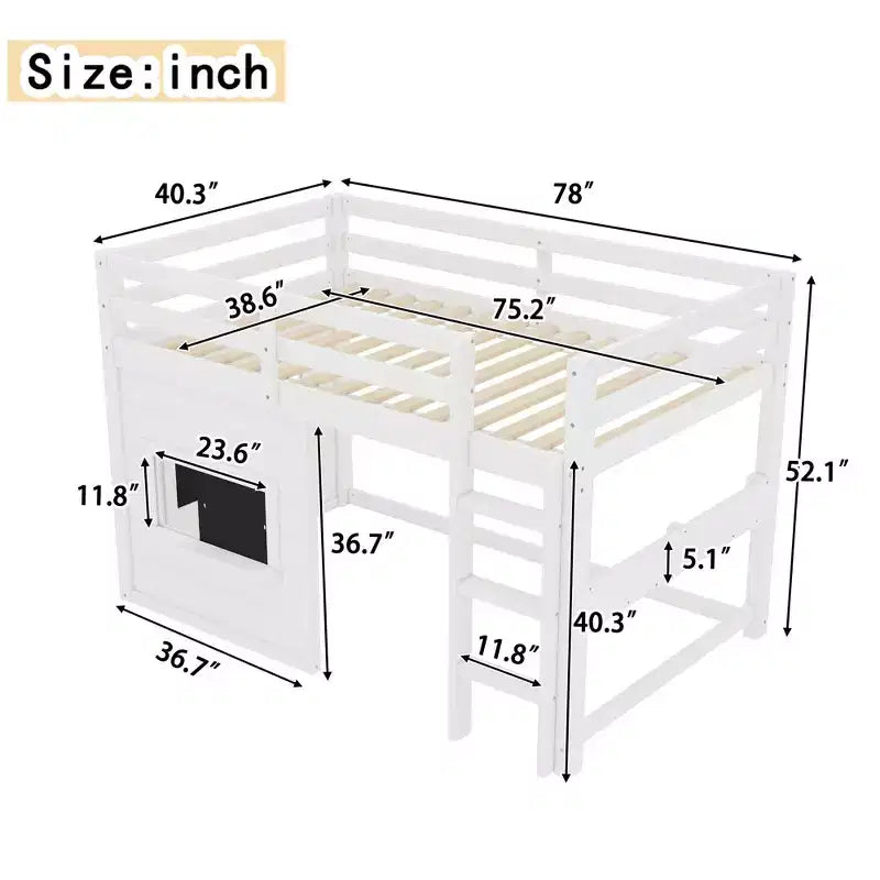 Lit cabane surélevé pour enfants avec tableau noir | Cadre de lit en bois double/complet avec espace de jeu et étagère intégrée | Lit superposé de style cabine pour garçons et filles