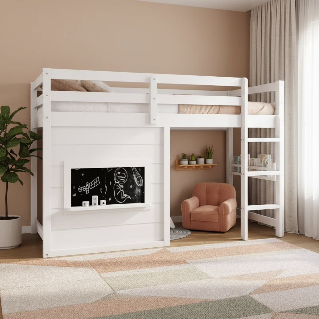 TUYOHW Kids Loft House Bed with Chalkboard,Twin/Full Wood Bed Frame with Play Space & Built-in Bookshelf,Pine Wood Cabin-Style Bunk for Boys,Girls