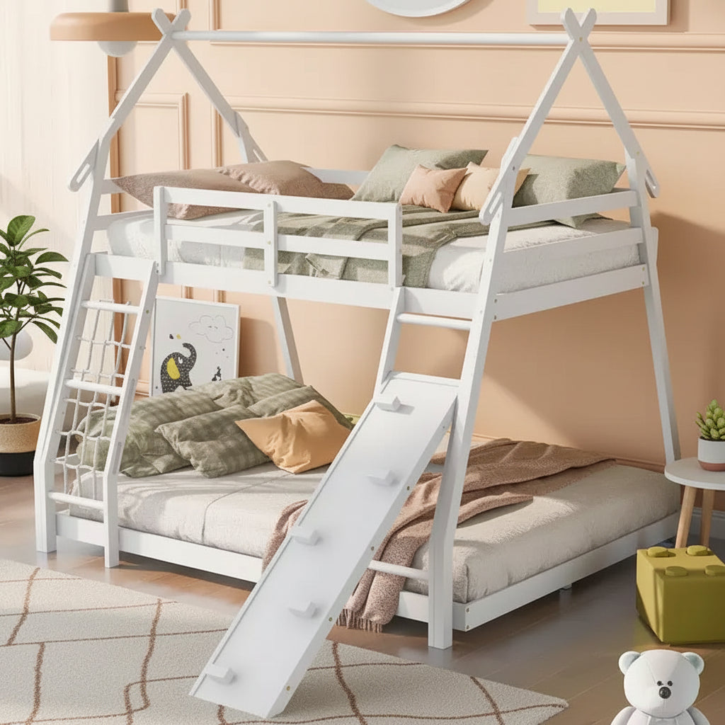 TUYOHW Twin Over Queen House Bunk Bed with Climbing Nets and Climbing Ramp,Wood Bunk Bed Frame with Safety Guardrail for Kids Teens