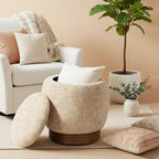 Bekrvio Round Storage Ottoman with Flip-Top Lid,Lambswool/Chenille Upholstered Footrest w/ Solid Acacia Wood Frame(500 lb),Living Room Accent Ottoman