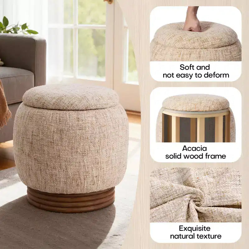 Pouffe de rangement rond avec couvercle rabattable, repose-pieds rembourré en laine d'agneau/chenille avec cadre en bois d'acacia massif (227 kg), pouffe d'appoint pour salon