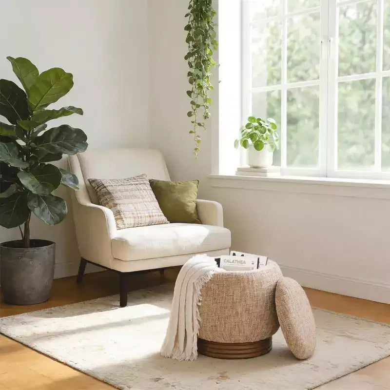 Pouffe de rangement rond avec couvercle rabattable, repose-pieds rembourré en laine d'agneau/chenille avec cadre en bois d'acacia massif (227 kg), pouffe d'appoint pour salon