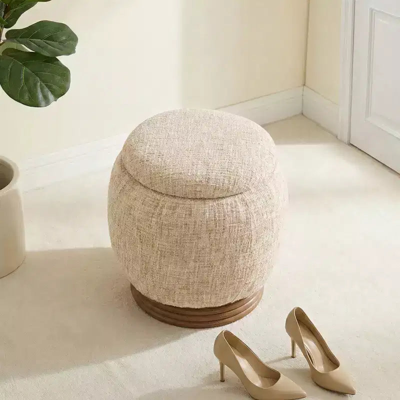 Pouffe de rangement rond avec couvercle rabattable, repose-pieds rembourré en laine d'agneau/chenille avec cadre en bois d'acacia massif (227 kg), pouffe d'appoint pour salon