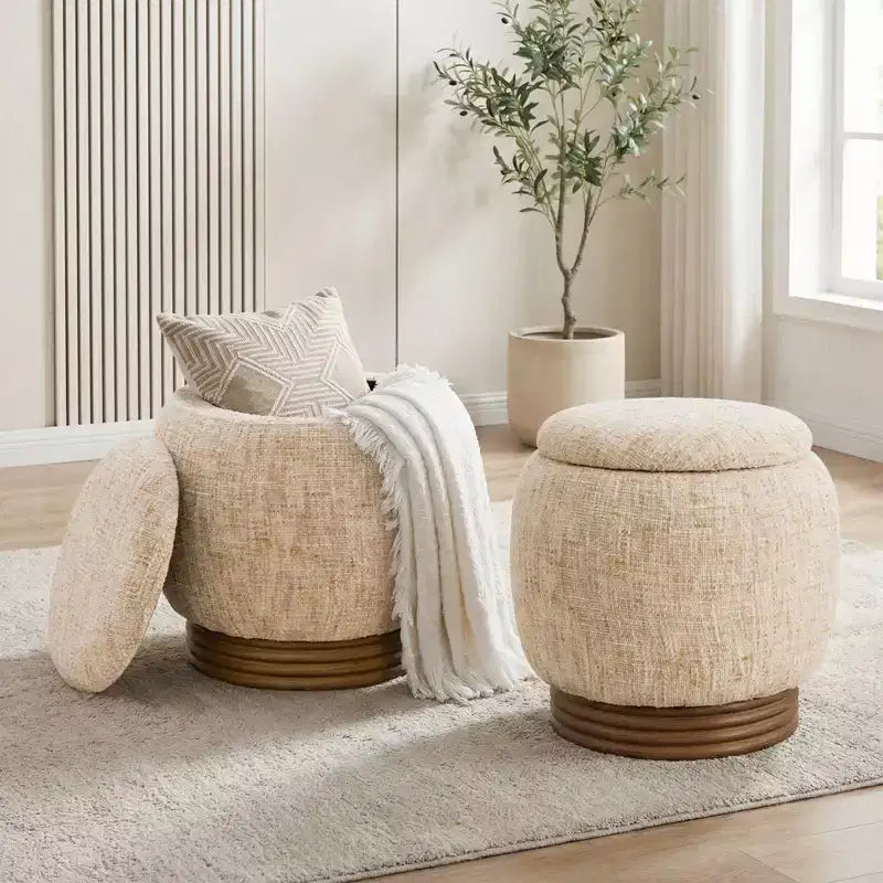 Pouffe de rangement rond avec couvercle rabattable, repose-pieds rembourré en laine d'agneau/chenille avec cadre en bois d'acacia massif (227 kg), pouffe d'appoint pour salon