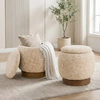 Pouffe de rangement rond avec couvercle rabattable, repose-pieds rembourré en laine d'agneau/chenille avec cadre en bois d'acacia massif (227 kg), pouffe d'appoint pour salon
