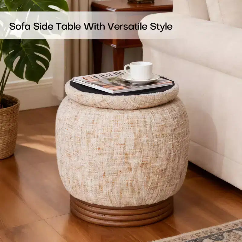 Pouffe de rangement rond avec couvercle rabattable, repose-pieds rembourré en laine d'agneau/chenille avec cadre en bois d'acacia massif (227 kg), pouffe d'appoint pour salon