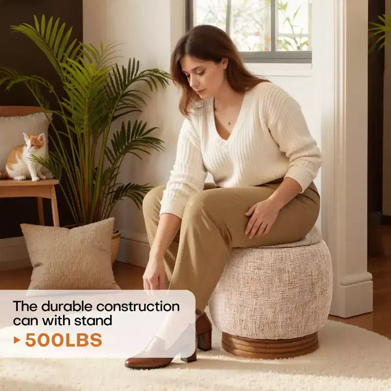 Pouffe de rangement rond avec couvercle rabattable, repose-pieds rembourré en laine d'agneau/chenille avec cadre en bois d'acacia massif (227 kg), pouffe d'appoint pour salon