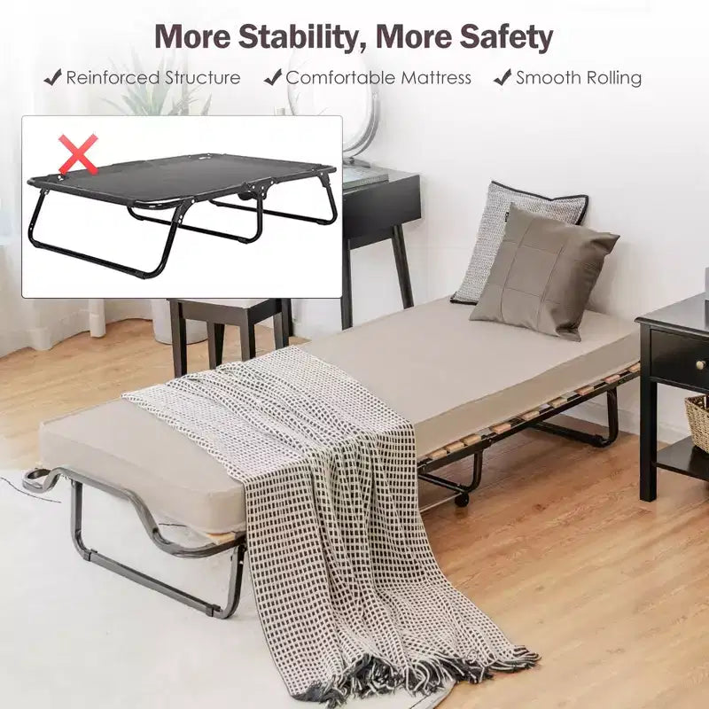 Lit pliant avec matelas en mousse à mémoire de forme et sac anti-poussière, lit d'appoint en métal