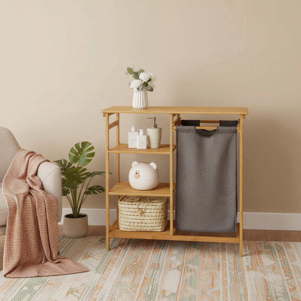 Costway Laundry Hamper Basket Table Bamboo w/Storage Shelves and Sliding Bag