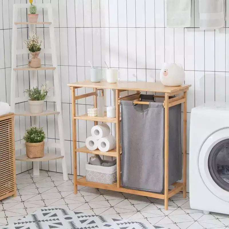 Support de panier à linge en bambou avec étagères de rangement et sac coulissant