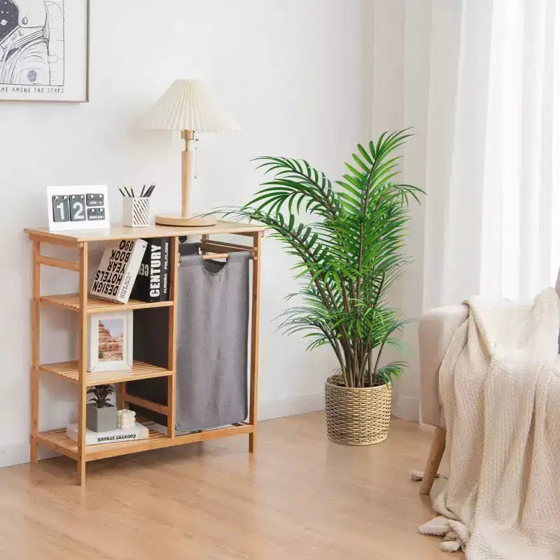 Support de panier à linge en bambou avec étagères de rangement et sac coulissant