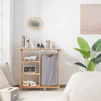Support de panier à linge en bambou avec étagères de rangement et sac coulissant