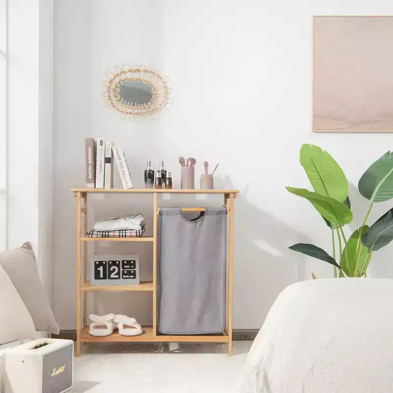 Support de panier à linge en bambou avec étagères de rangement et sac coulissant