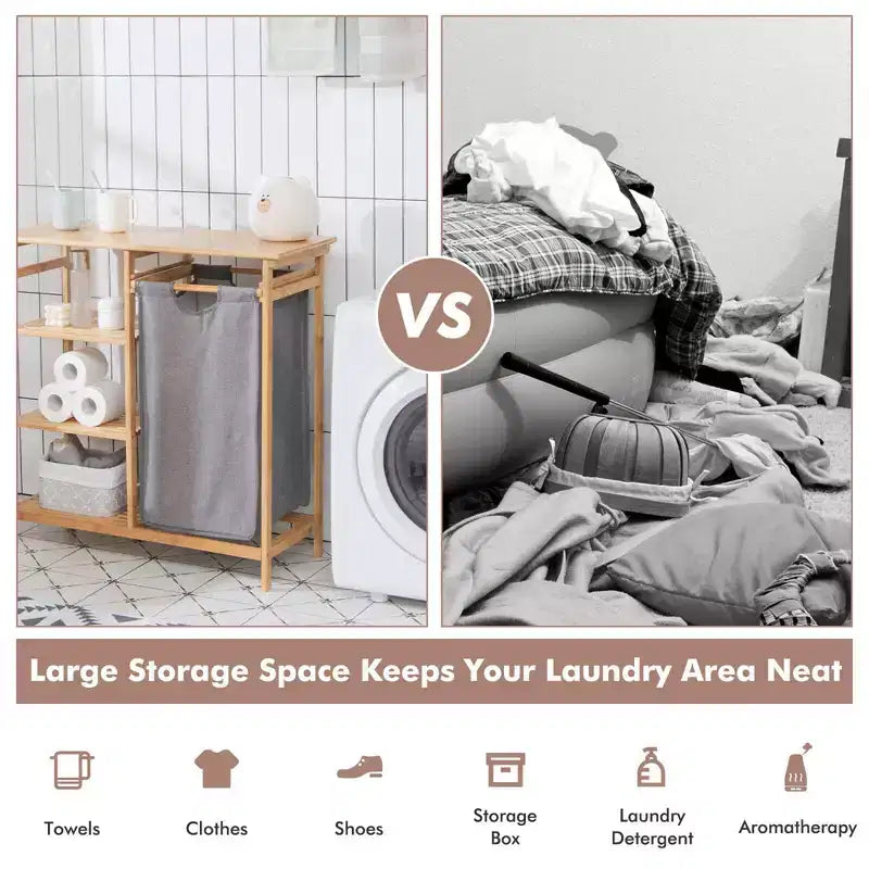 Support de panier à linge en bambou avec étagères de rangement et sac coulissant
