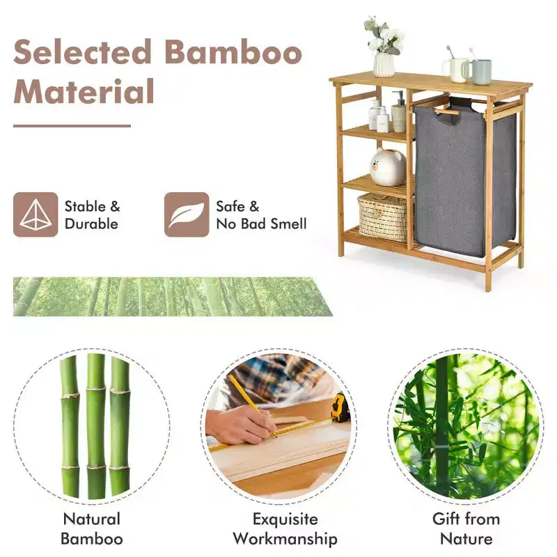 Support de panier à linge en bambou avec étagères de rangement et sac coulissant