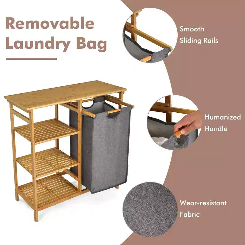 Support de panier à linge en bambou avec étagères de rangement et sac coulissant