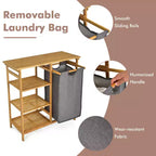 Support de panier à linge en bambou avec étagères de rangement et sac coulissant
